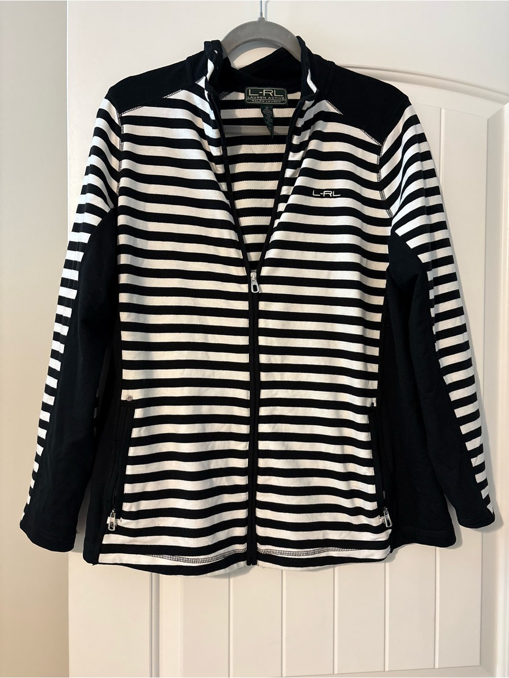 L-RL Ralph Lauren Active Striped Full Zip Hoodie Jacket 1X Black & White Preppy